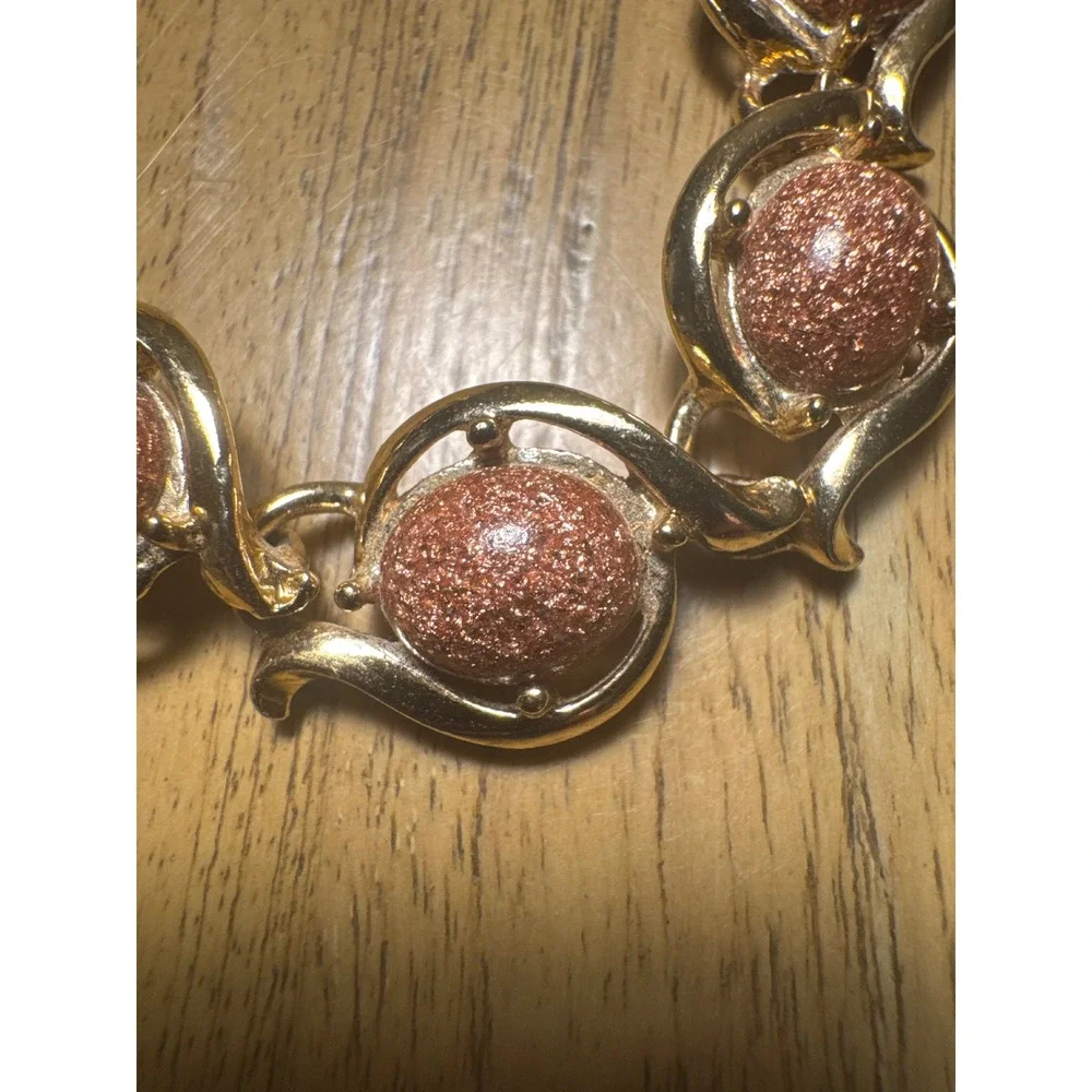 VTG Gold Tone Statement Collar Necklace Copper Textured Glitter Cabochons 16